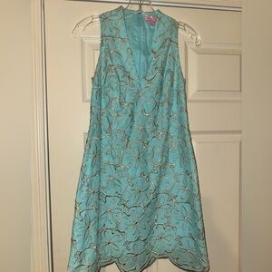 Lilly Pulitzer Estella Shift Dress in Skye Blue Metallic Sandollar Eyelet size 2